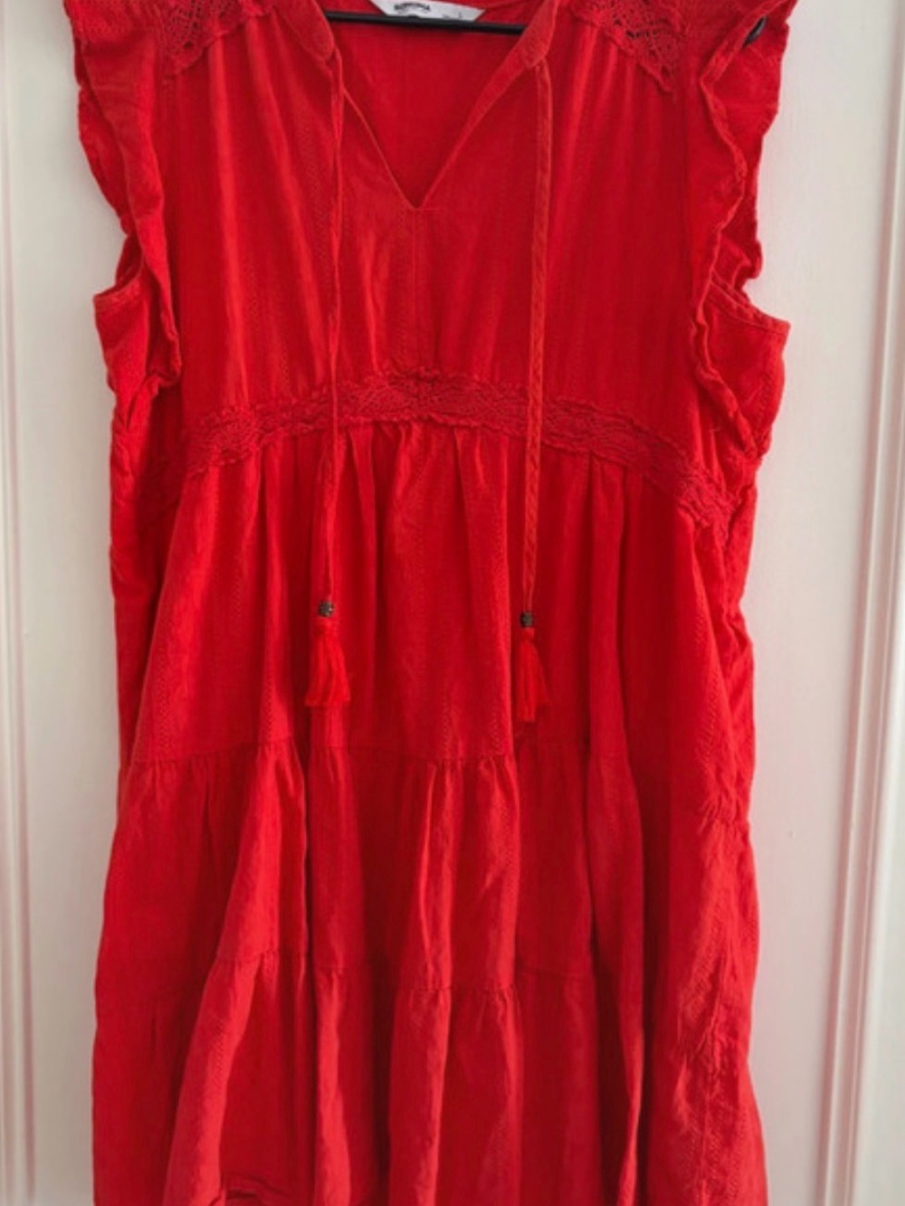 Red Tiered Dress with Tassel Tie
